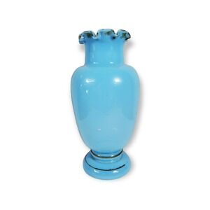 Bristol Glass England Opaque Blue Opaline Ruffled Top Art Glass 8" Vase Vintage